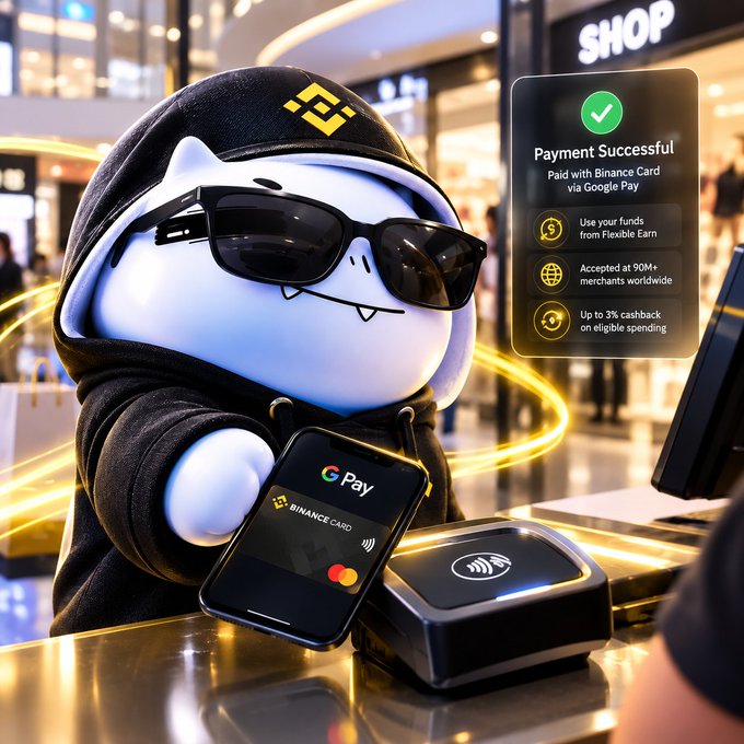 A 3D-rendered cartoon character wearing a black hoodie and sunglasses making a payment at a checkout counter using Google Pay on a phone displaying a 'BINANCE CARD', accompanied by a floating 'Payment Successful' notification.