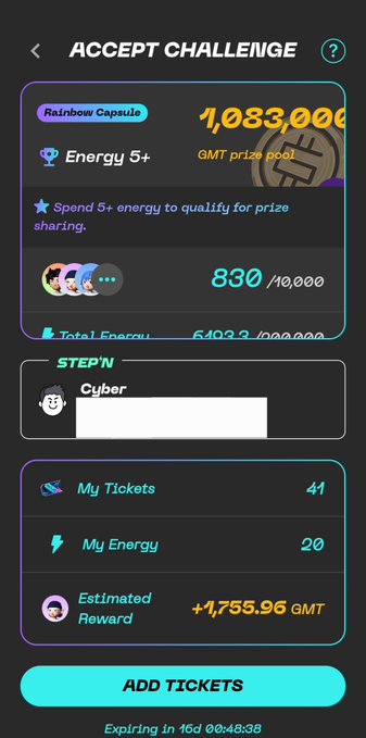 A STEP'N app challenge screen for 'Rainbow Capsule' offering a 1,083,000 GMT prize pool, showing 830/10,000 participants, 41 tickets, 20 energy, and an estimated reward of +1,755.96 GMT.