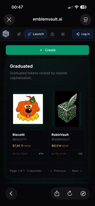 The image shows the emblemvault.ai website displaying a "Graduated" section with two completed token launches: Biscotti ($BISCOTTI) at $7.85 Trillion market cap and RobinVault ($ROBINVAULT) at $9.13 N market cap. This relates to the post about launchpad FOMO by showcasing the platform's graduated tokens, highlighting the massive valuations achieved on the platform as it gains traction.
