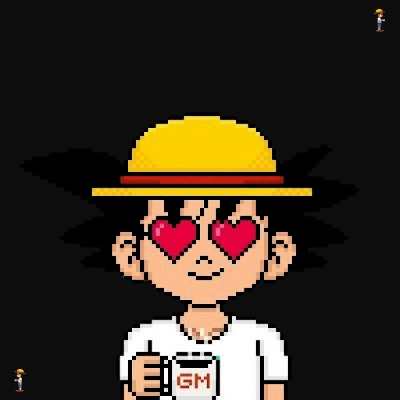 Pixel art style illustration of a young boy with black spiky hair wearing a yellow straw hat with a red band, heart-shaped pink eyes, and a white shirt, holding a mug that says 'GM' against a black background.