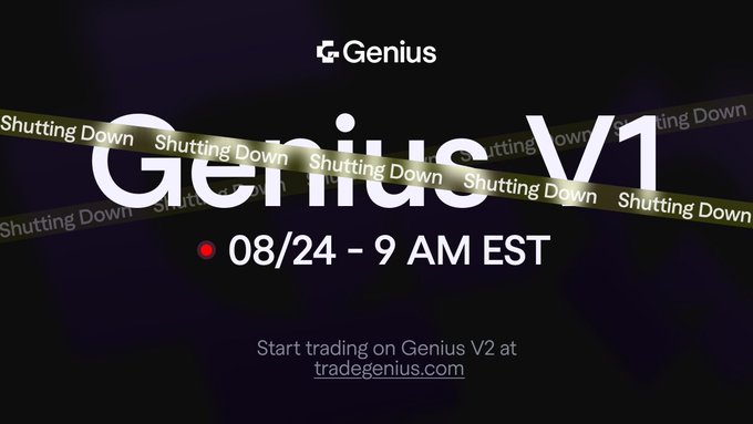 A promotional announcement from Genius indicating that the V1 platform will be permanently shut down on 08/24 at 9 AM EST, with users directed to start trading on Genius V2 at tradegenius.com. The image features yellow "Shutting Down" caution tape overlaid across the "Genius V1" text to emphasize the closure.