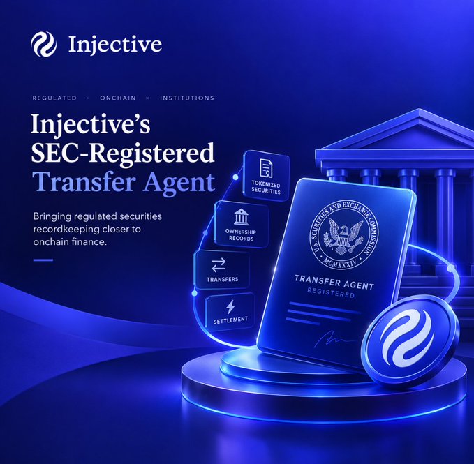 An Injective promotional graphic in blue tones announcing 'Injective's SEC-Registered Transfer Agent' with the tagline 'Bringing regulated securities recordkeeping closer to onchain finance,' featuring icons for Tokenized Securities, Ownership Records, Transfers, and Settlement alongside a SEC seal.
