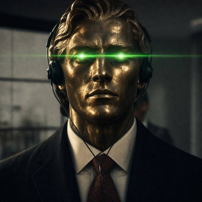 Digital artwork of a man in a suit with a metallic gold face and glowing green laser eyes, wearing black headphones.