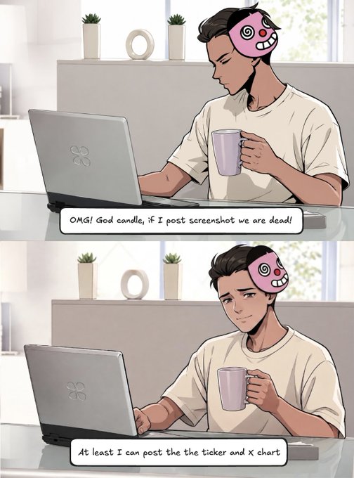 A two-panel comic shows a man with a pink swirl-patterned mask working on a laptop, with text reading 'OMG! God candle, if I post screenshot we are dead!' and 'At least I can post the the ticker and X chart.'