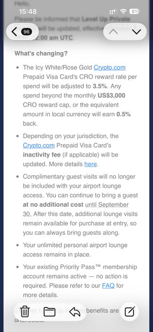 A screenshot of a Crypto.com email notification detailing upcoming changes to the Icy White/Rose Gold Prepaid Visa Card, including a reduced CRO reward rate of 3.5% on spend up to US$3,000 (0.5% beyond), updated inactivity fees, and the removal of complimentary guest lounge visits after September 30, while unlimited personal lounge access remains. The image illustrates the user's post about further benefit reductions on their high-tier Crypto.com card despite their substantial early CRO investment.