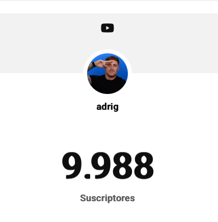 A YouTube channel profile page for 'adrig' showing 9,988 subscribers with a profile photo of a man in a red cap.