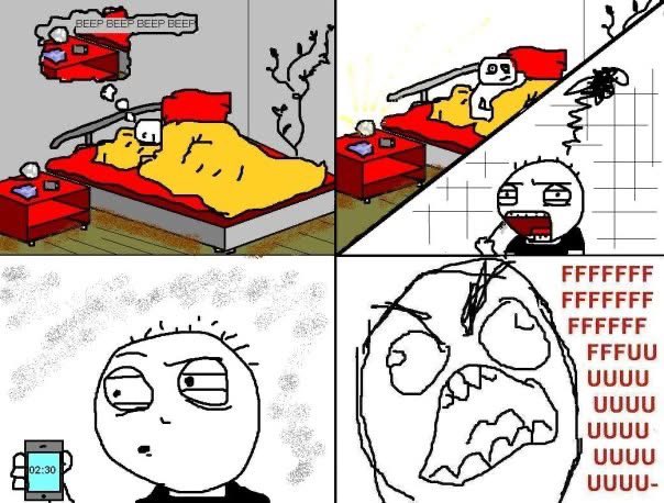 A four-panel rage comic showing a person dreaming of an alarm clock beeping ('BEEP BEEP BEEP BEEP'), waking to find a giant spider on the wall, checking their phone at 02:30, and screaming ('FFFFFFFFFFFFUUUUUUUUUUU') in frustration at being unable to fall back asleep.