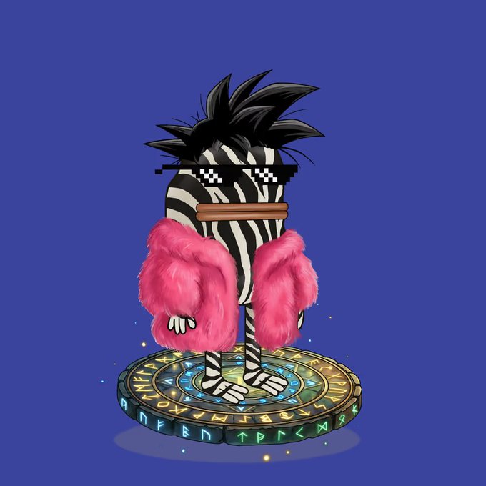 A digital illustration of a zebra-headed character wearing pixelated 'deal with it' sunglasses and a fluffy pink jacket, standing on a circular pedestal with runes against a blue background.