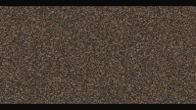 A dense grid of thousands of tiny, colorful pixel-art Meebit characters fills the image. The post asks what all 20,000 Meebits would look like together, and this mosaic appears to show the full collection assembled.