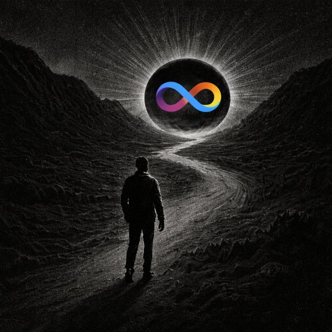 A dark illustration shows a silhouetted figure standing on a path facing a glowing eclipse with a colorful infinity symbol in the center.