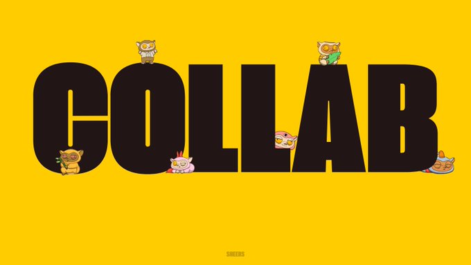 Bold black "COLLAB" text on a bright yellow background, playfully adorned with small cartoon bird characters, directly supporting the post's announcement that collaboration opportunities are now open through the tagged contacts until September 28.