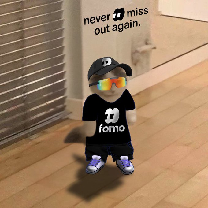 A 3D animated character wearing a black cap, reflective sunglasses, and a "fomo" t-shirt stands on a wooden floor, with text above reading "never miss out again." The image celebrates the verification of $MICHI on the Fomo platform, reinforcing the "never miss out" messaging tied to the announcement.
