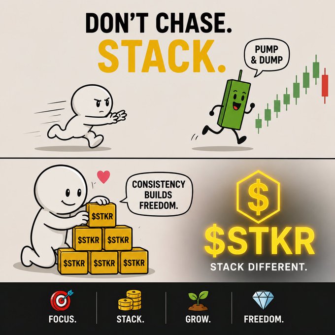 A motivational infographic titled 'DON'T CHASE. STACK.' contrasting chasing 'PUMP & DUMP' candles with steadily stacking '$TKR' gold bars, labeled 'STACK DIFFERENT' with icons for Focus, Stack, Grow, and Freedom.