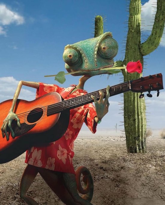 A 3D-rendered chameleon wearing a red Hawaiian shirt and holding a rose in its mouth, standing in a desert setting and playing an acoustic guitar next to a tall cactus.