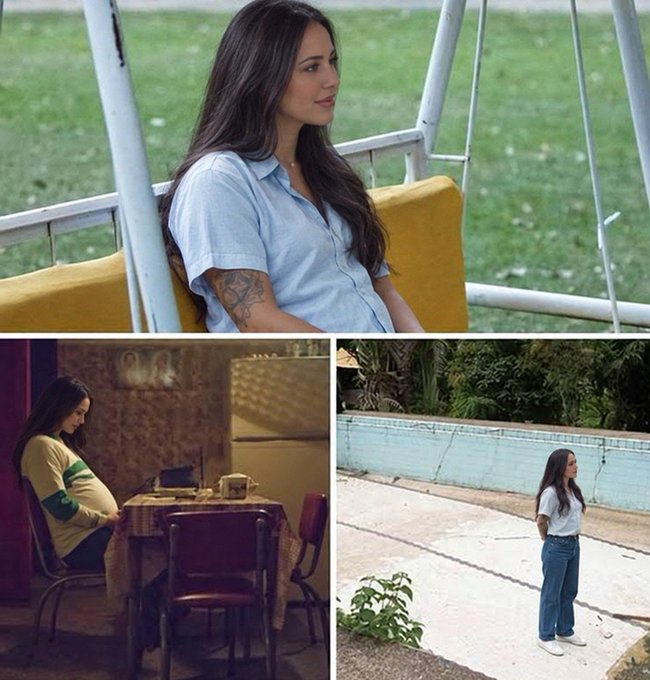 A collage of three photos showing a young woman with long dark hair in contemplative, peaceful settings—sitting on a swing, standing by an empty pool, and seated at a kitchen table—evokes the quiet patience and dream of escape someone might feel while waiting for crypto gains and the Clarity Act to pass so they can finally retire and disappear from the internet.