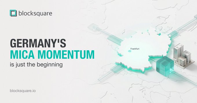 Blocksquare marketing slide reading 'GERMANY'S MICA MOMENTUM is just the beginning' with a map highlighting Frankfurt and 'blocksquare.io' at the bottom.