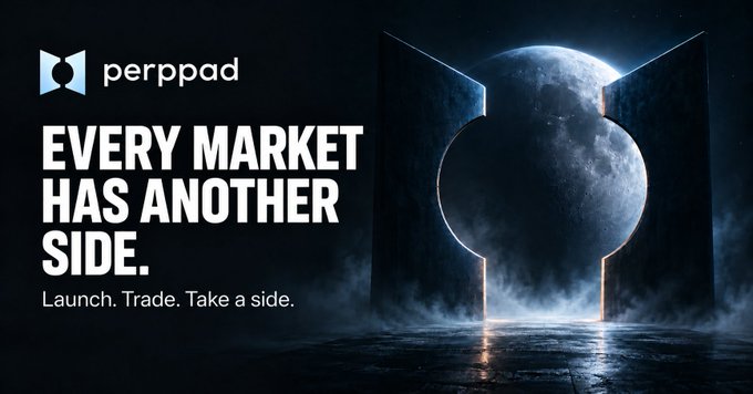 A promotional banner for 'perppad' with the slogan 'EVERY MARKET HAS ANOTHER SIDE. Launch. Trade. Take a side.' next to an image of the moon framed by dark structures.