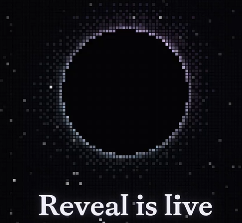 A pixelated eclipse graphic on a dark starry background with the text 'Reveal is live' displayed in white at the bottom.
