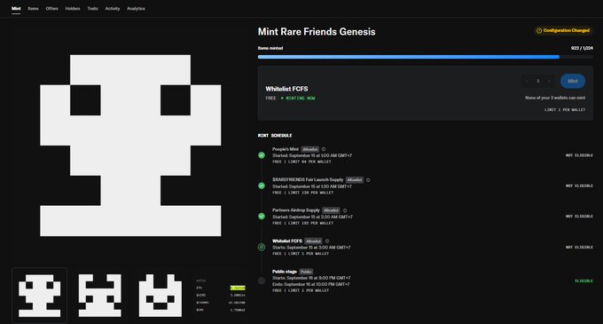 A dark-themed NFT minting page titled 'Mint Rare Friends Genesis,' showing a pixel-art skull icon, a 'Whitelist FCFS' section, and a 'MINT SCHEDULE' listing upcoming drops including 'Purple Mint,' 'BRAINDEAD925 Fan Launch Troupe,' 'Partners Anikwa Supply,' 'Whitelist FCFS,' and 'Public stage,' with the item minted at 822/2204.