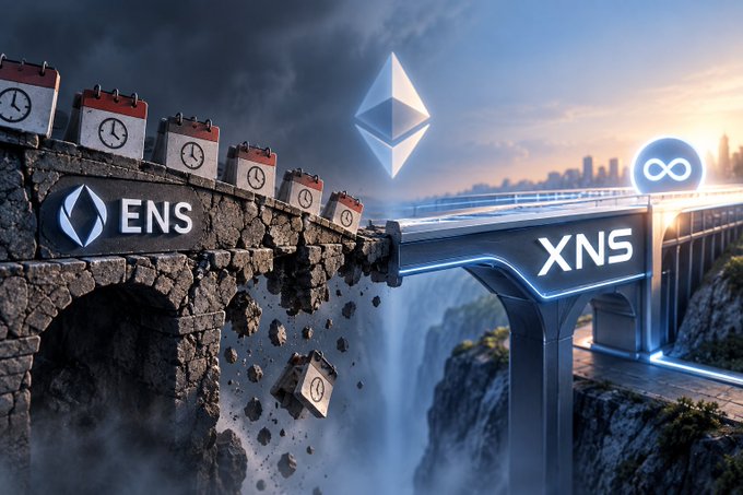 A dramatic image showing a crumbling stone bridge labeled 'ENS' with calendar blocks breaking apart, while a futuristic illuminated bridge labeled 'XNS' extends into the distance beneath an Ethereum logo.