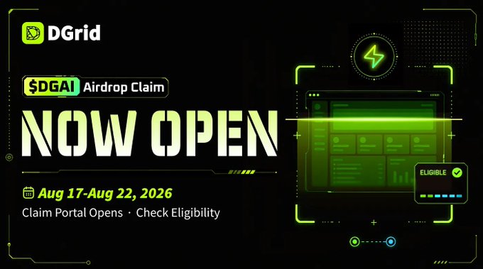 The image announces DGrid’s **$DGRID airdrop claim**, with the eligibility checker now open. It shows the claim period as **August 17–22, 2026** and highlights the **“Check Eligibility”** portal.