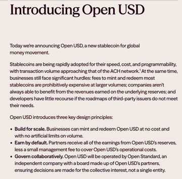 The image announces the launch of Open USD, a new stablecoin for global money movement that builds for scale, allows partners to earn by default, and operates as an open, collaboratively governed standard.

In contrast to the post's view that USDC lacks the long-term entrenchment that gives the US dollar its global trade stickiness, this image highlights a separate stablecoin initiative emphasizing openness and shared governance rather than entrenched institutional backing.