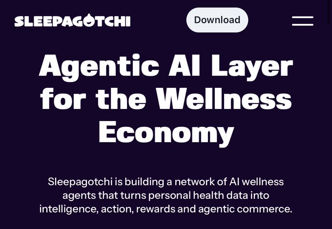 A screenshot of the Sleepagotchi website displaying their tagline "Agentic AI Layer for the Wellness Economy," describing how the platform builds AI wellness agents that transform personal health data into intelligence, action, rewards, and agentic commerce—illustrating the post's point about specialized AI agents gaining an edge over generic ones in domain-specific sectors like wellness.