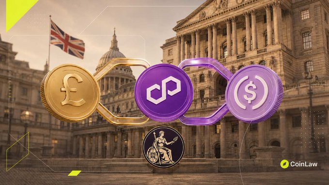 A promotional graphic for CoinLaw showing interconnected gold, purple, and silver cryptocurrency coins with pound, Polygon (CD), and dollar symbols overlaid on a background of London landmarks and the UK flag.