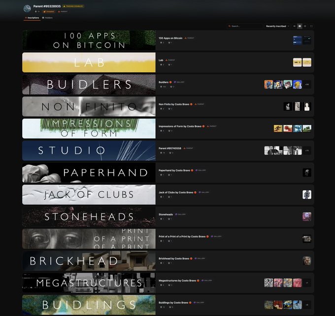 A dark-themed interface showing a list of digital collections or NFT projects with titles like '100 APPS ON BITCOIN', 'LAB', 'BUIDLERS', 'STUDIO', 'PAPERHAND', 'STONEHEADS', and 'MEGASTRUCTURES' by various artists.