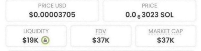 A cryptocurrency price display showing a token priced at $0.00003705 USD (0.0003023 SOL) with $19K liquidity, $37K FDV, and $37K market cap.