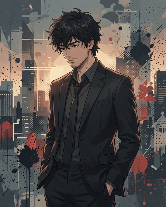 An anime-style illustration depicts a man with dark hair and stubble wearing a black suit and tie against an abstract, splatter-painted cityscape background.