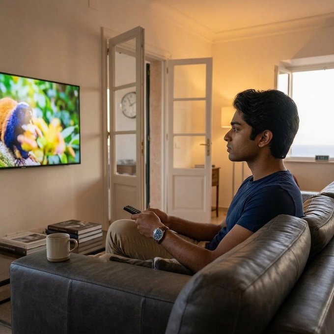 A man in a blue t-shirt sits on a gray leather couch watching television, holding a remote control, with a coffee mug on a side table next to a stack of books.