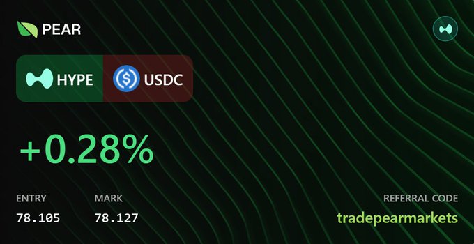 Dark green crypto-market graphic for “PEAR,” showing the “HYPE / USDC” pair, “+0.28%,” “ENTRY 78.105,” “MARK 78.127,” and referral code “tradepearmarkets.”