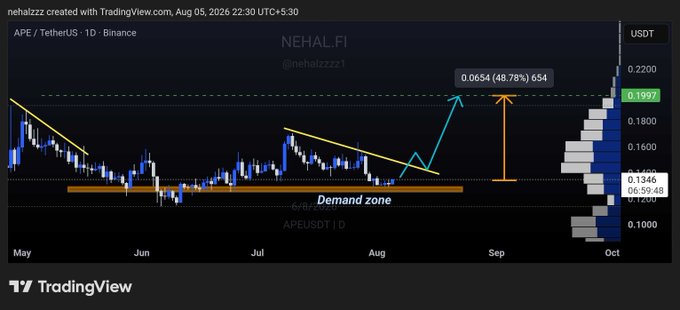 A TradingView daily chart for APE/TetherUS on Binance created by 'nehalzzz', displaying price action, a demand zone around 0.13, and projected price targets including 0.1997 and 0.0654.