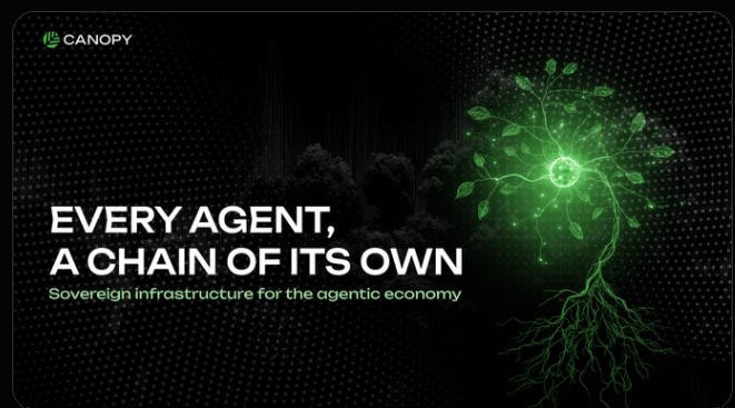 The image features a poster with a green tree growing out of it, which has been edited to display the text "Every Agent, A Chain Of Its Own" above it. The poster also includes a link to a website called Canopy Network, which is related to AI and AI agents.