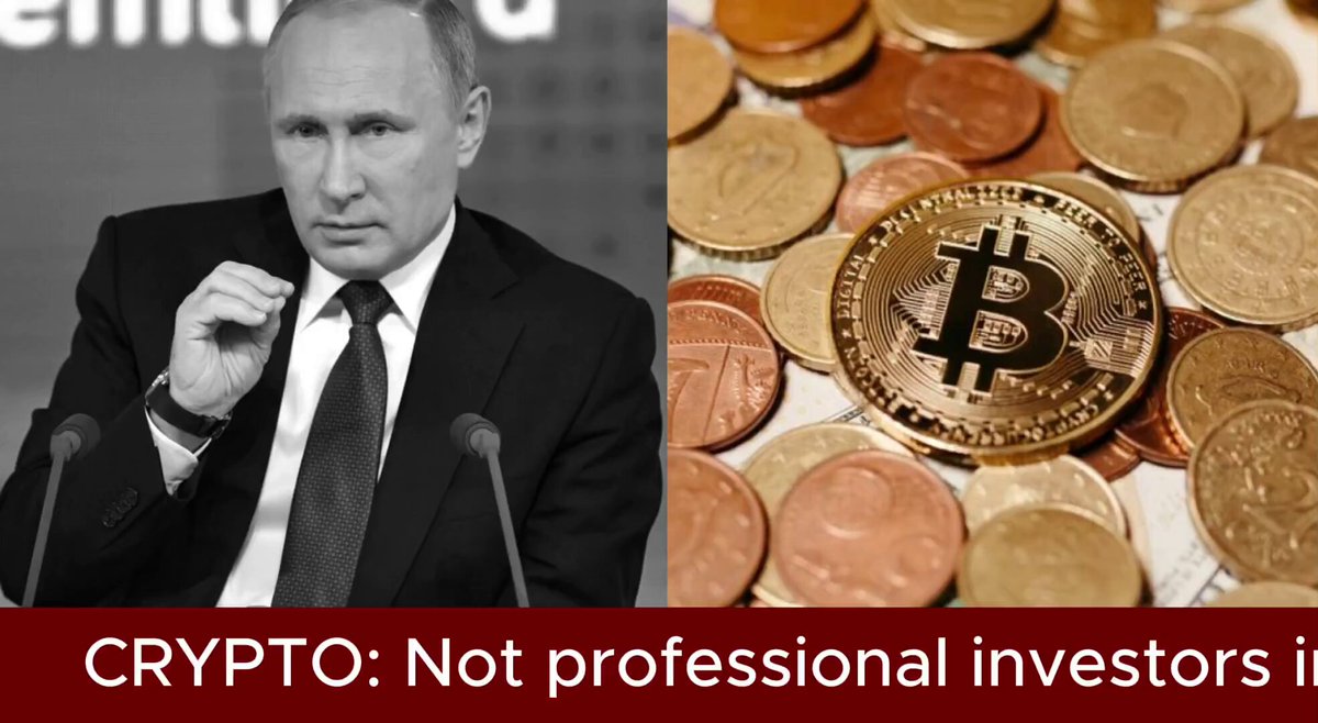 The image shows a man wearing a suit and tie sitting at a podium with a coin on his lapel. The coin has a Bitcoin symbol on it. Below him, there are three coins representing different cryptocurrencies - Bitcoin, Ethereum, and USDT (United States Dollar). The text in the image reads "Crypto: Not professional investors i". This suggests that only certain individuals or businesses can participate in cryptocurrency trading at this time.