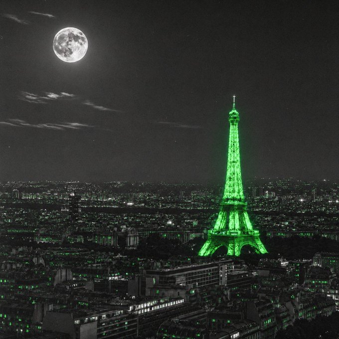 The Eiffel Tower glows bright green against the Parisian night skyline beneath a full moon. The image's eerie green tint on the landmark and cityscape subtly evokes the ominous tone of "there will be signs."