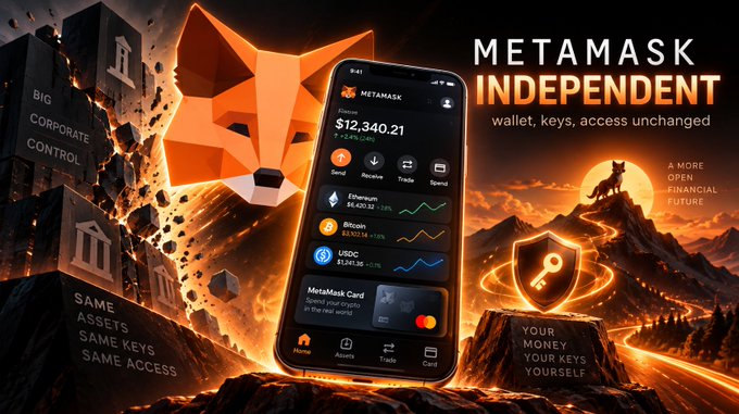 A promotional graphic for MetaMask displaying a smartphone interface showing a balance of $12,340.21, set against a dramatic sunset background with the text 'METAMASK INDEPENDENT' and 'wallet, keys, access unchanged'.