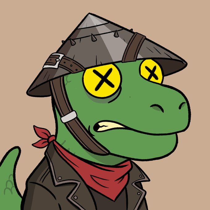 A cartoon illustration of a green dinosaur-like character wearing a spiked gray hat, a red bandana, and yellow coins over its eyes with black X marks on them.