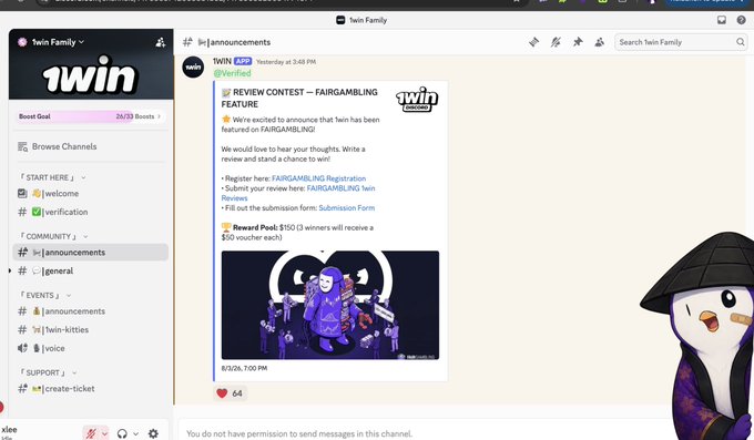 A Discord screenshot of the "Twin Family" server showing an announcement about a review contest featuring TWIN on FairGambling, with rewards including $50 vouchers for 3 winners and an image of a masked character with green checkmarks. The post references making money through options like web3 jobs, trading, memecoins, NFTs, or polymaxing, loosely tying to the casino/gambling theme shown in the announcement.