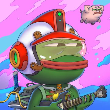 The image features a cartoon frog wearing a helmet, holding a guitar, and standing next to a pink background with water splashing around. The caption reads "Picked up some more @PepeExplorers on this dip I have been eyeing! These are my favorite @PepeExplorers. Love the trait combos you can find that make even mid tier Pepe’s look like 1/1s!".
