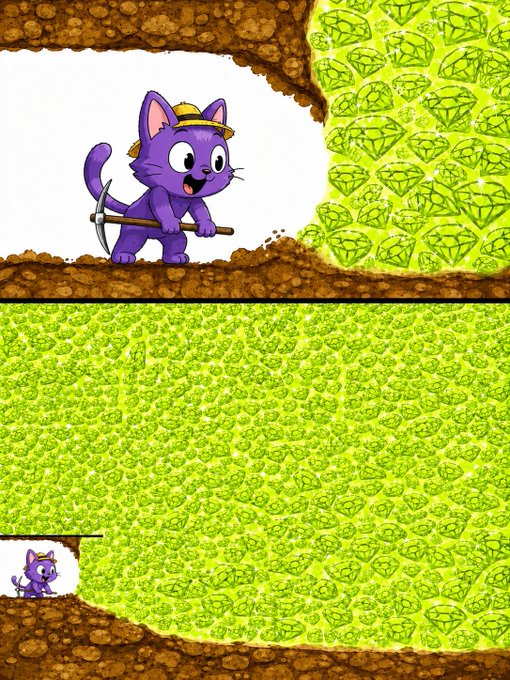 A cartoon purple cat wearing a yellow hat holds a pickaxe in a mining tunnel that opens up to reveal a massive underground cavern filled entirely with green gems.