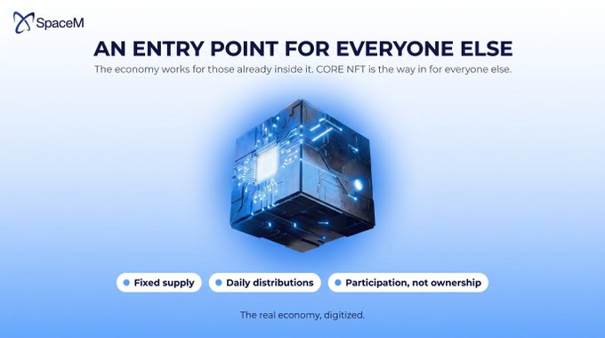 SpaceM promotional graphic reading 'AN ENTRY POINT FOR EVERYONE ELSE' featuring a glowing blue cube NFT, with bullet points highlighting 'Fixed supply', 'Daily distributions', and 'Participation, not ownership'.