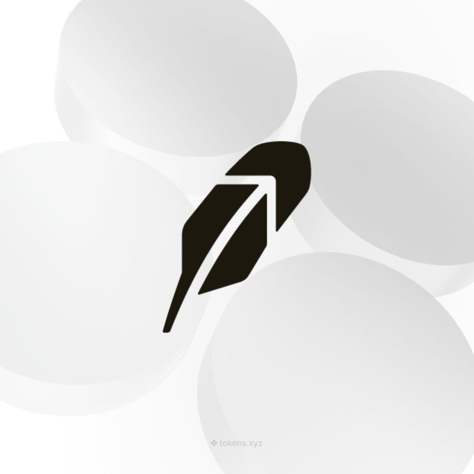 The image features a white circle with a black feather-like design as the main focus, appearing against a light gray background. Below this central element, there's some text that reads "@RobinhoodApp is cutting about 10% of its workforce (~290 roles) to stay lean." The text also mentions tokenizing and being live on Solana. This image could be interpreted as a visually appealing logo with the central feather design symbolizing the Robinhood app and its focus on efficiency, while the text below elaborates on some of those features or achievements.