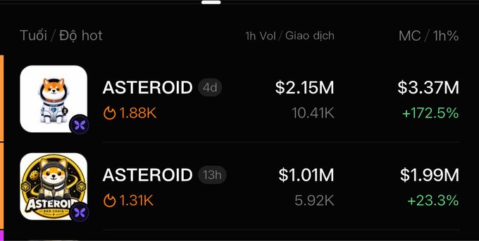 This image displays two cryptocurrency tokens named "ASTEROID" with their respective market cap and 1h volume, suggesting a competition between them.