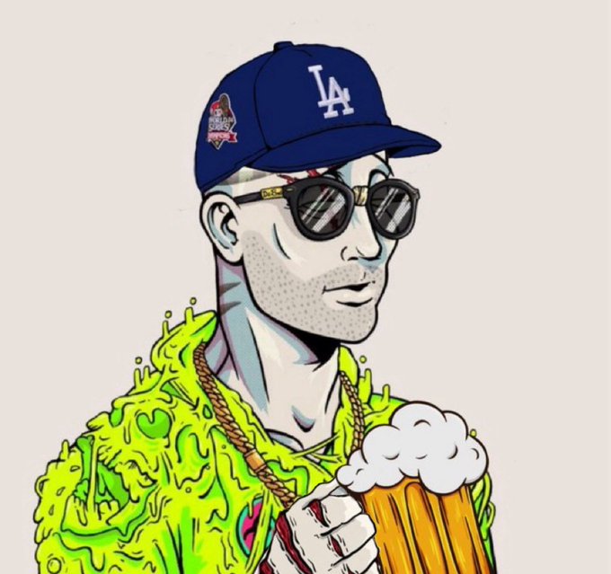 An illustrated portrait of a man wearing a blue LA Dodgers cap, round sunglasses, gold chains, and a neon green fuzzy sweater while holding a frothy mug of beer.