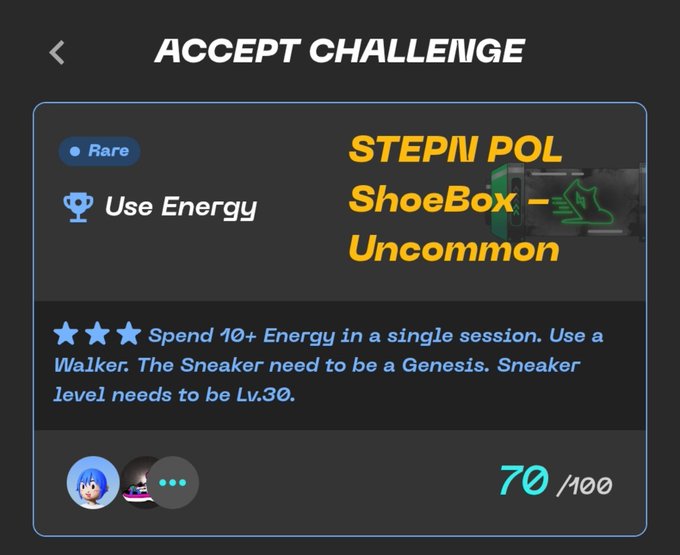 Game challenge screen titled 'ACCEPT CHALLENGE' for a Rare 'Use Energy' task requiring spending 10+ Energy in a single session with a Walker and a Genesis Sneaker at Lv.30, showing 70/100 progress.