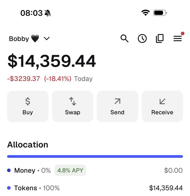 A smartphone screenshot of a crypto portfolio app showing a balance of '$14,359.44', down '-$3239.37 (-18.41%) Today', under the account name 'Bobby 🖤', with a 100% allocation to Tokens.