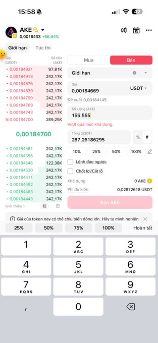 A cryptocurrency trading interface (in Vietnamese) shows a limit sell order being placed for AKE token at 0.00184669 USDT per AKE, with 155.555 AKE and a total of approximately 287.26 USDT, currently trading at 0.0018433 (+66.64%).
