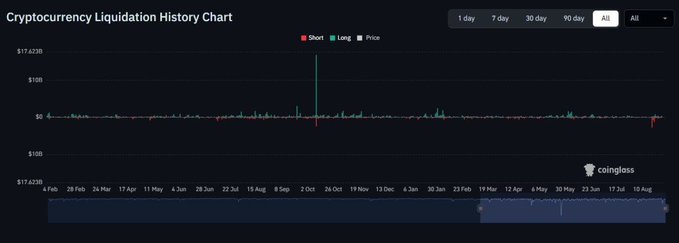A dark-themed Cryptocurrency Liquidation History Chart from Coinglass showing short (red) and long (green) liquidations alongside price data over an extended timeframe.